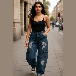 - Venus denim cargo embroidery pants